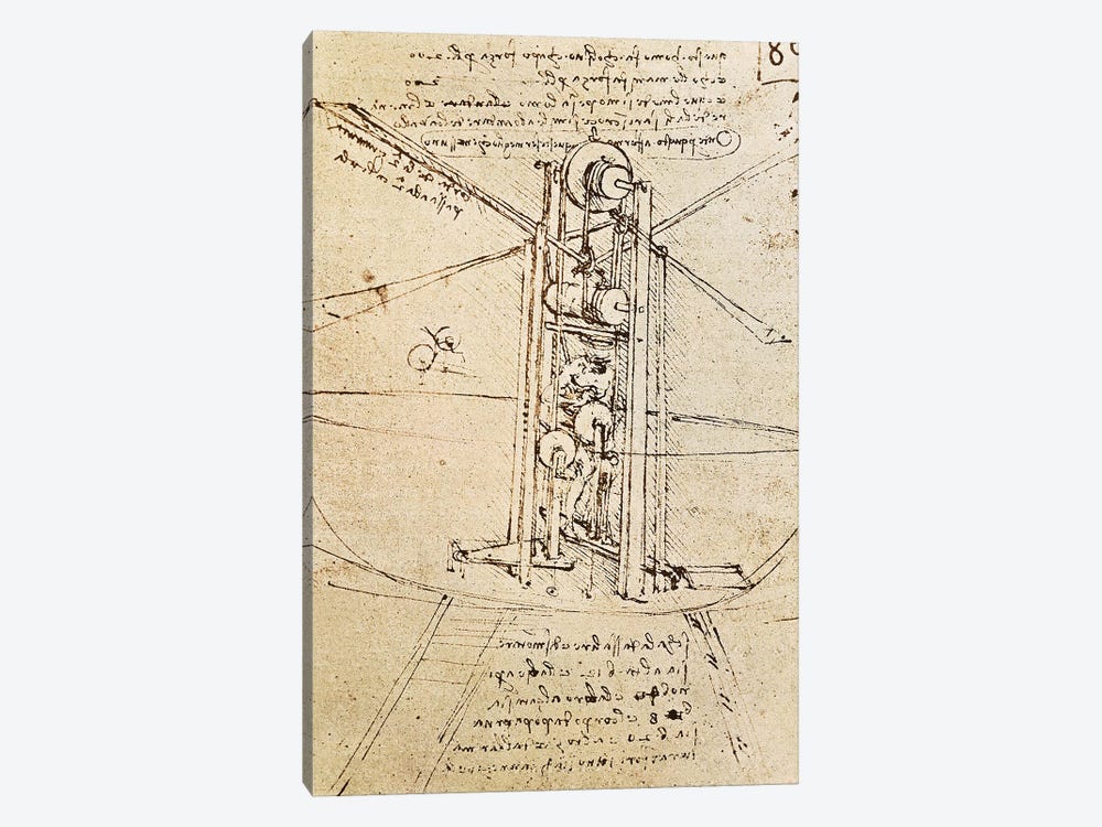 Vertically Standing Bird's-winged Flying Machine, fol. 80r from Paris Manuscript B, 1488-90  by Leonardo da Vinci 1-piece Canvas Art