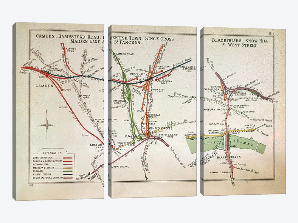 Transport map of London, c.1915  3-piece Canvas Artwork
