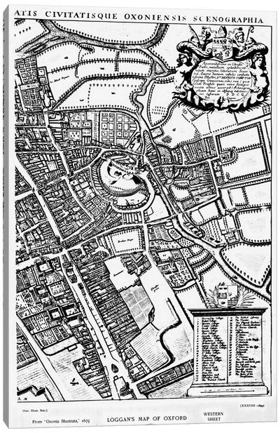 Loggan's map of Oxford, Western Sheet, from 'Oxonia Illustrated', published 1675  Canvas Art Print