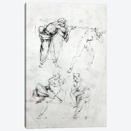 Study of a man blowing a trumpet in another's ear, and two figures in conversation, c.1480-82  Canvas Print #BMN3371} by Leonardo da Vinci Canvas Print