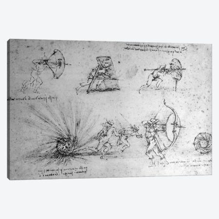 Study with Shields for Foot Soldiers and an Exploding Bomb, c.1485-88  Canvas Print #BMN3387} by Leonardo da Vinci Canvas Art Print