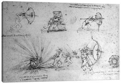 Study with Shields for Foot Soldiers and an Exploding Bomb, c.1485-88  Canvas Art Print