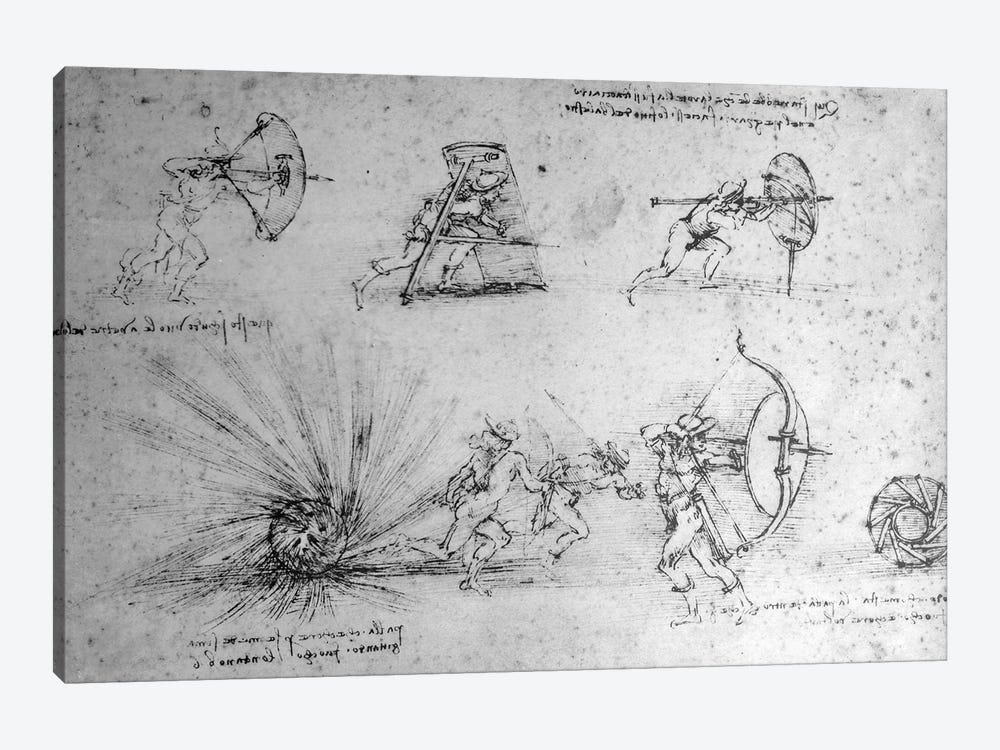 Study with Shields for Foot Soldiers and an Exploding Bomb, c.1485-88  by Leonardo da Vinci 1-piece Canvas Wall Art