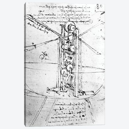 Vertically standing bird's-winged flying machine, fol. 80r from Paris Manuscript B, 1488-90  Canvas Print #BMN3395} by Leonardo da Vinci Canvas Artwork