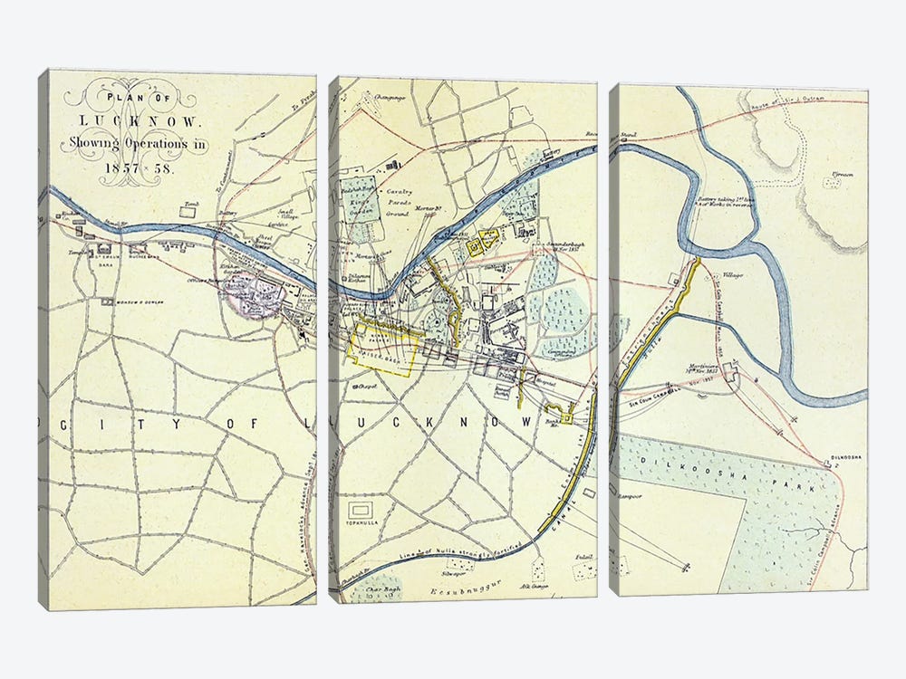 Plan of Lucknow showing Operations in 1857-58, pub. by William Mackenzie, c.1860  by English School 3-piece Canvas Art