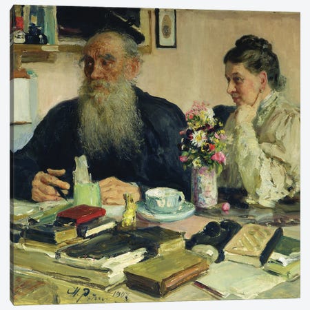 Leo Tolstoy with his wife in Yasnaya Polyana, 1907  Canvas Print #BMN3451} by Ilya Efimovich Repin Canvas Artwork