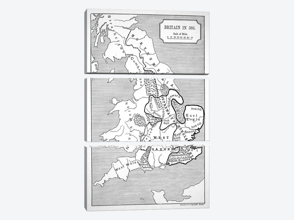 Map of Britain in 593, printed by Stanford's Geographical Establishment  by English School 3-piece Canvas Print