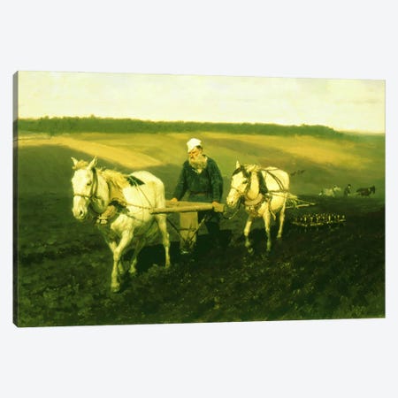 The writer Lev Nikolaevich Tolstoy ploughing with horses, 1889  Canvas Print #BMN3554} by Ilya Efimovich Repin Canvas Artwork
