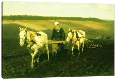 The writer Lev Nikolaevich Tolstoy ploughing with horses, 1889  Canvas Art Print