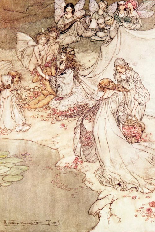 Illustration for a Fairy Tale, Fairy Queen Covering a Child with Blossom