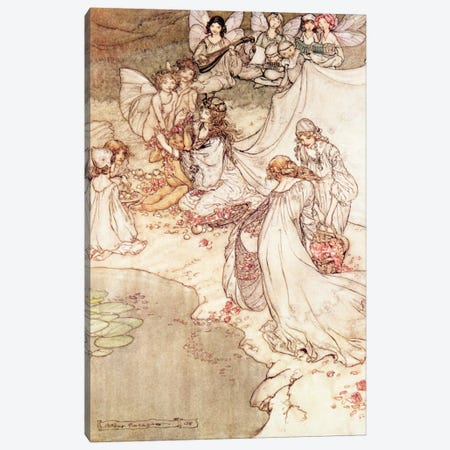 Illustration for a Fairy Tale, Fairy Queen Covering a Child with Blossom Canvas Print #BMN362} by Arthur Rackham Canvas Art Print