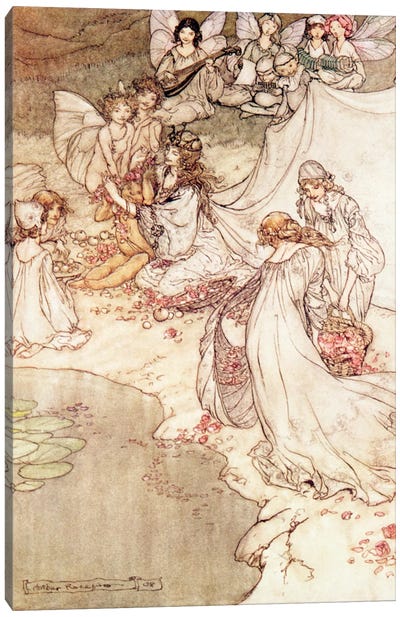 Illustration for a Fairy Tale, Fairy Queen Covering a Child with Blossom Canvas Art Print - Arthur Rackham