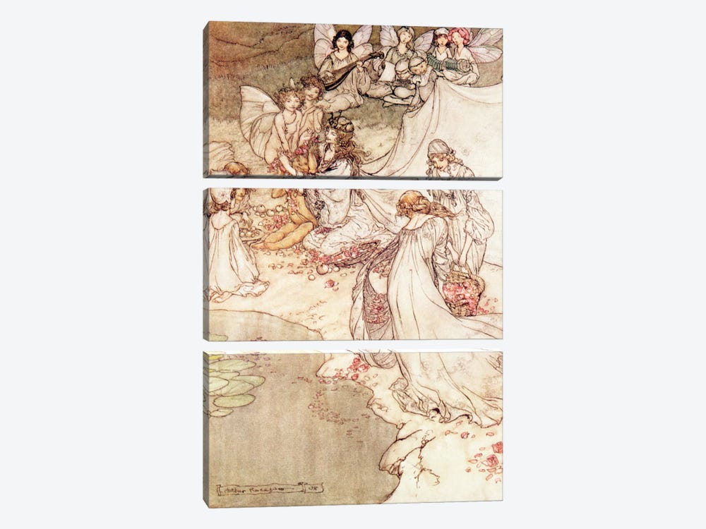 Illustration for a Fairy Tale, Fairy Queen Covering a Child with Blossom by Arthur Rackham 3-piece Art Print