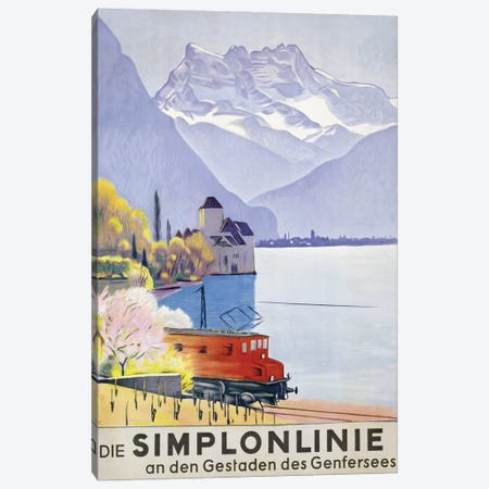 'Die Simplonlinie an den Gestaden des Genfersees', poster advertising rail travel around Lake Geneva, 1949  Canvas Print #BMN3652} by Emil Cardinaux Canvas Artwork