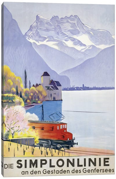 'Die Simplonlinie an den Gestaden des Genfersees', poster advertising rail travel around Lake Geneva, 1949  Canvas Art Print