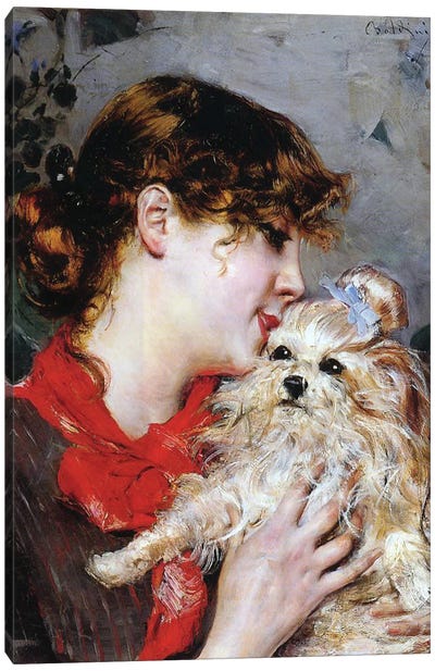 The actress Rejane and her dog, c.1885  Canvas Art Print