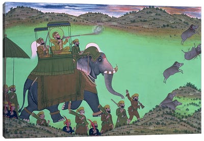 Maharana Sarup Singh of Udaipur shooting boar from elephant-back, Rajasthan, 1855  Canvas Art Print