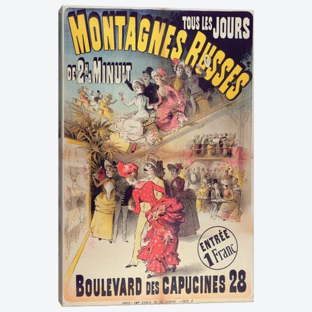 Poster advertising the 'Montagnes Russes' Roller Coaster in the Boulevard des Capucines, Paris, 1888  Canvas Print #BMN3912} by French School Art Print