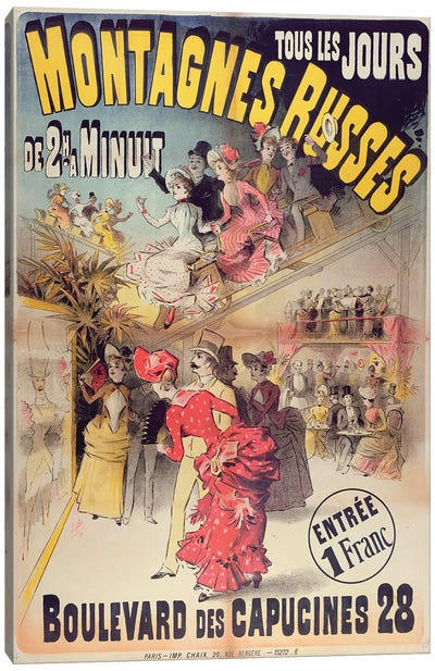 Poster advertising the 'Montagnes Russes' Roller Coaster in the Boulevard des Capucines, Paris, 1888  Canvas Art Print - French School