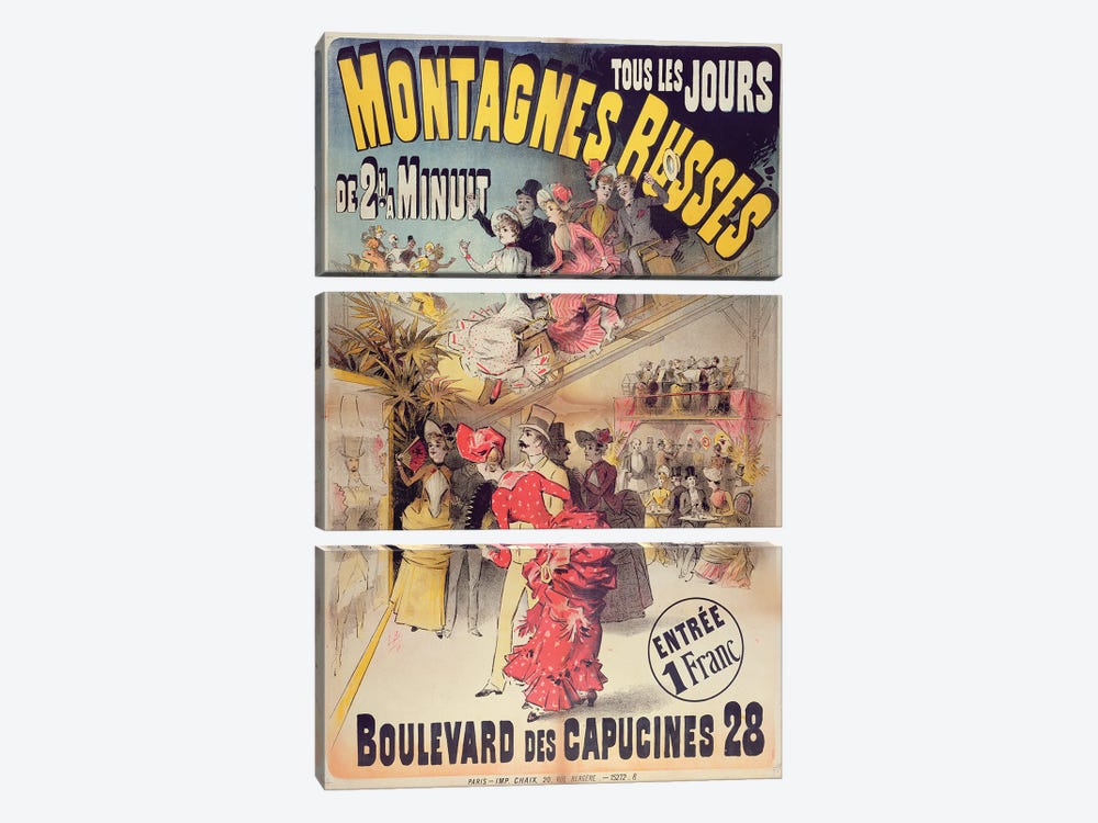 Poster advertising the 'Montagnes Russes' Roller Coaster in the Boulevard des Capucines, Paris, 1888  by French School 3-piece Canvas Wall Art