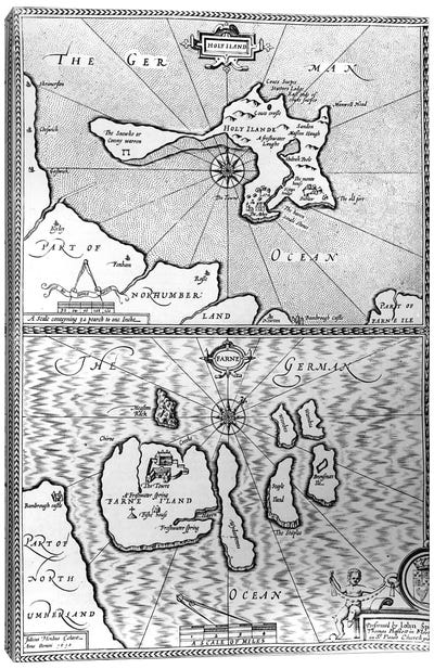 Maps of Holy Island and Farne Island, Northumberland, from 'The Theatre of the Empire of Great Britaine' by John Speed, 1676  Canvas Art Print - John Speed