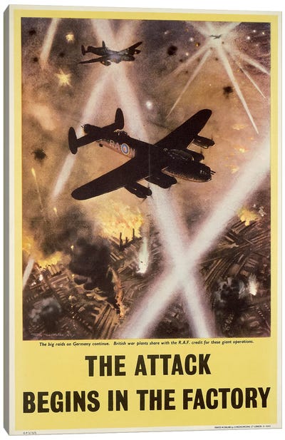 Attack begins in factory, propaganda poster from World War II Canvas Art Print - Military Art