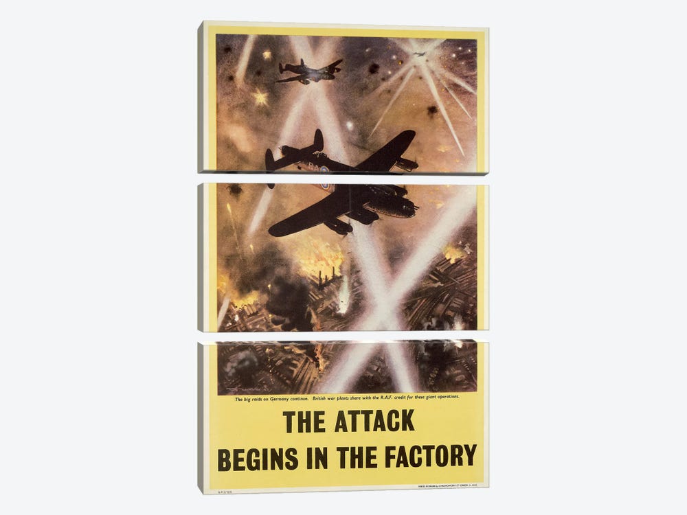 Attack begins in factory, propaganda poster from World War II by Unknown Artist 3-piece Canvas Wall Art