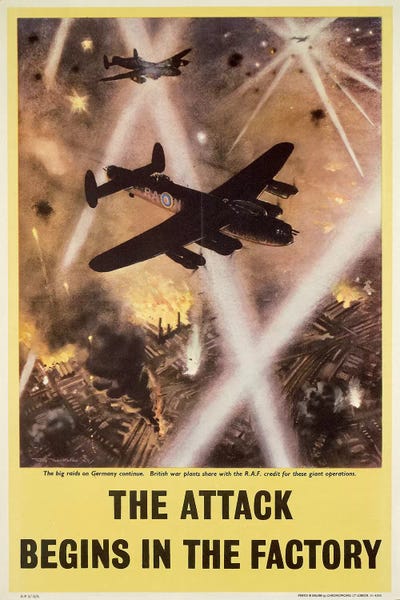 Attack begins in factory, propaganda poster from World War II