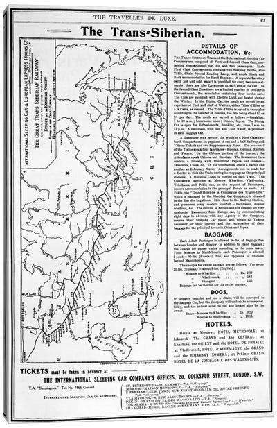 Map of the Trans-Siberian Railway, produced by J. Bartholomew & Co., c.1920  Canvas Art Print - English School