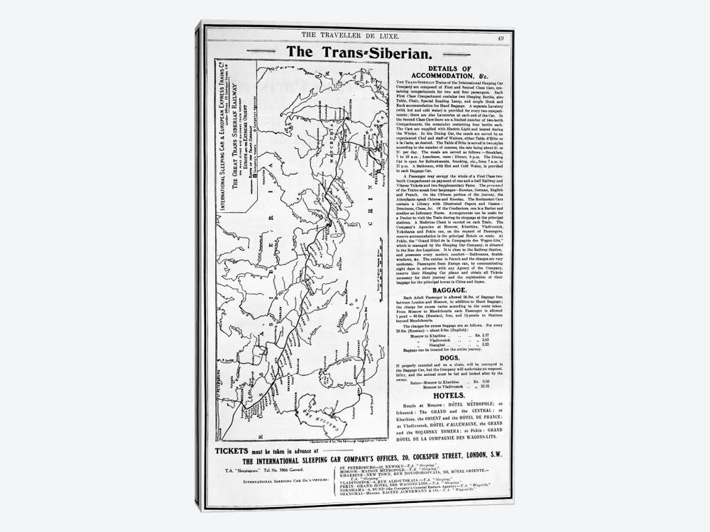 Map of the Trans-Siberian Railway, produced by J. Bartholomew & Co., c.1920  1-piece Canvas Wall Art