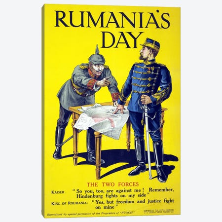 'Rumania's day', poster showing the Kaiser and the King of Romania arguing while examining a map, 1918  Canvas Print #BMN4109} by Unknown Artist Canvas Print