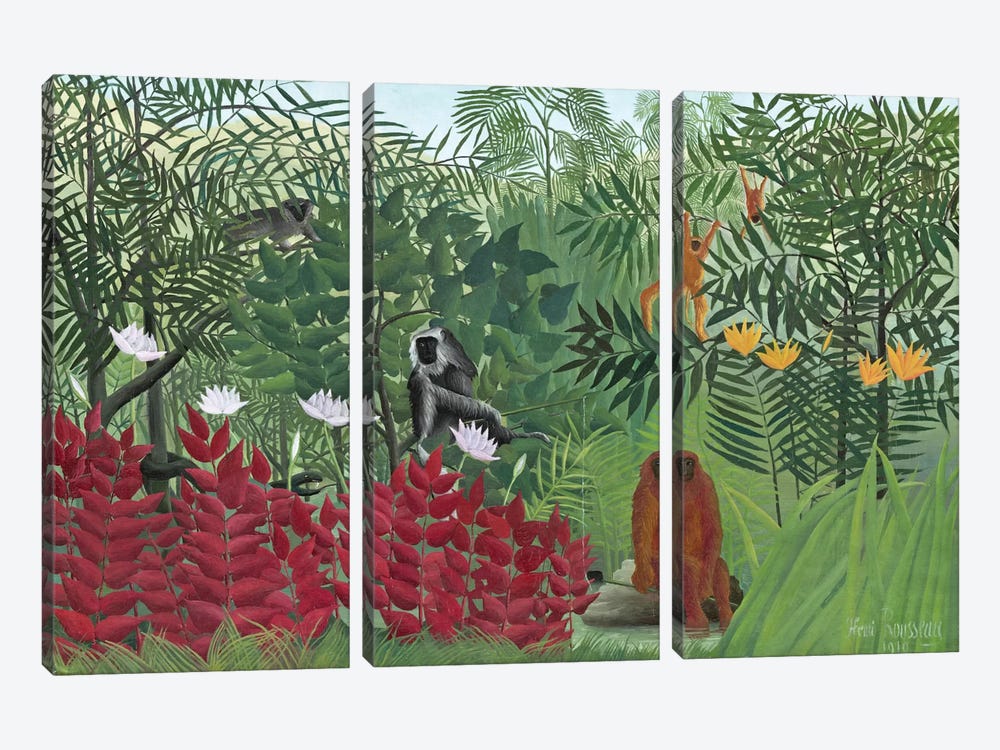 Tropical Forest With Monkeys, 1910 by Henri Rousseau 3-piece Canvas Art Print