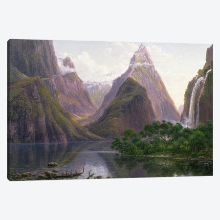 Native Figures In A Canoe, Milford Sound, South Island, New Zealand, 1892 Canvas Print #BMN428} by Eugen von Guerard Canvas Wall Art