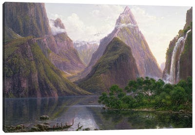 Native Figures In A Canoe, Milford Sound, South Island, New Zealand, 1892 Canvas Art Print
