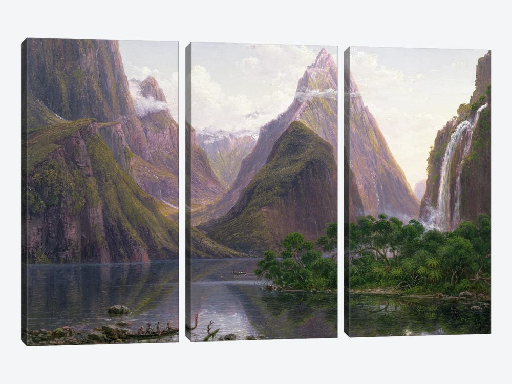 Native Figures In A Canoe, Milford Sound, South Island, New Zealand, 1892 by Eugen von Guerard 3-piece Canvas Wall Art