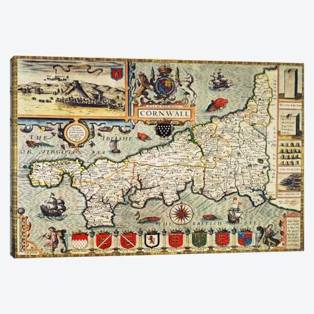 Map of Cornwall from the 'Theatre of the Empire of Great Britain', pub. in London by George Humble, 1627 edition  Canvas Print #BMN434} by John Speed Canvas Wall Art