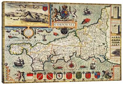 Map of Cornwall from the 'Theatre of the Empire of Great Britain', pub. in London by George Humble, 1627 edition  Canvas Art Print - John Speed