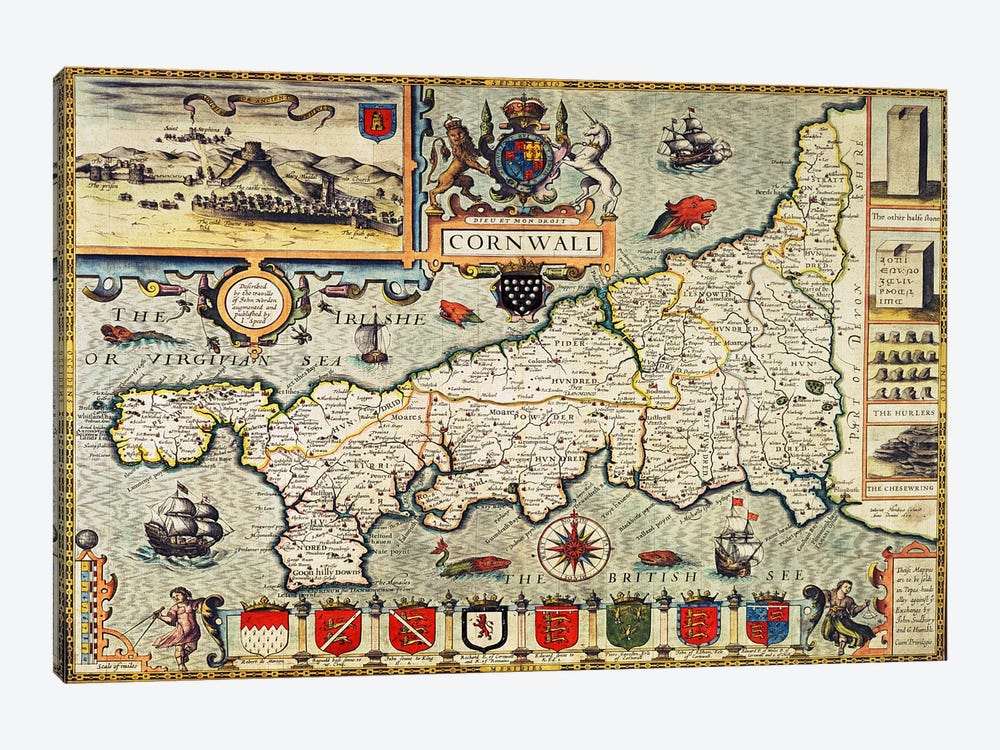 Map of Cornwall from the 'Theatre of the Empire of Great Britain', pub. in London by George Humble, 1627 edition  by John Speed 1-piece Canvas Art Print
