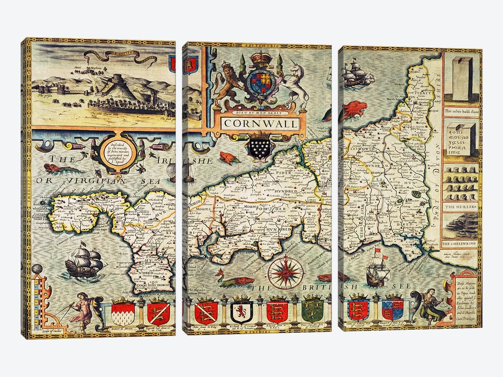 Map of Cornwall from the 'Theatre of the Empire of Great Britain', pub. in London by George Humble, 1627 edition  by John Speed 3-piece Art Print