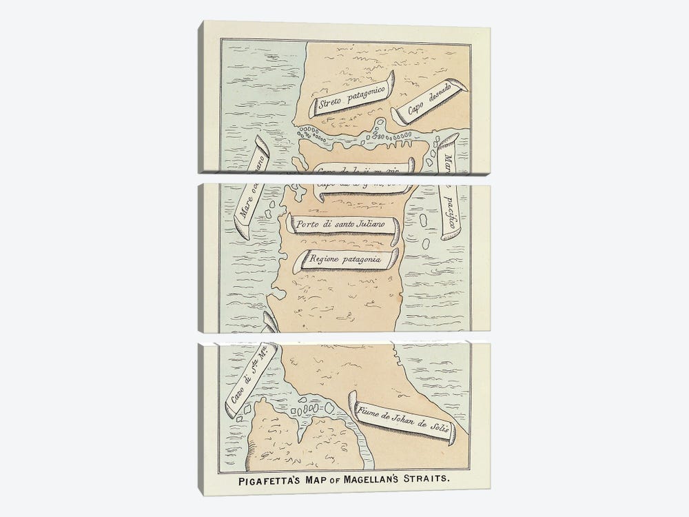 Pigafetta's Map Of Magellan's Straits by Antonio Pigafetta 3-piece Canvas Print