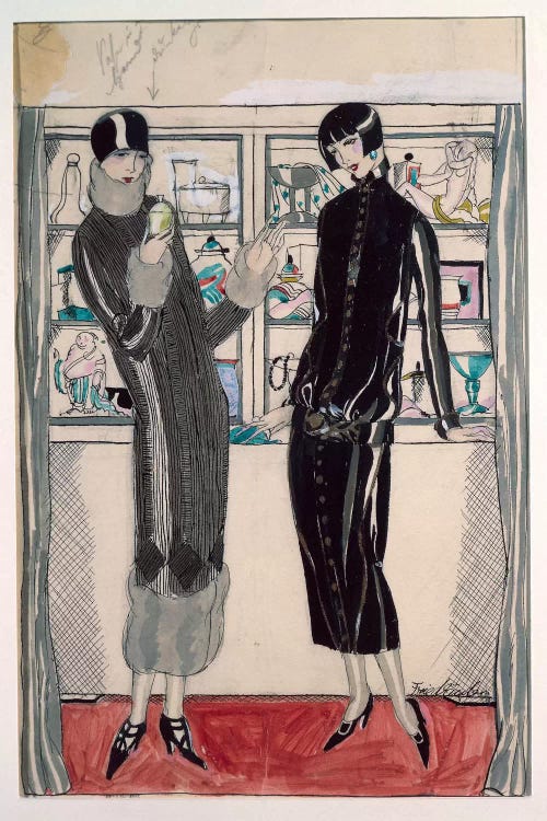 Twenties women's fashion plate, by M. Friedlaender, watercolor