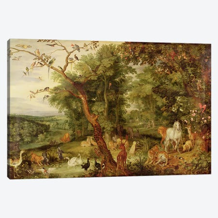 The Garden of Eden; in the background The Temptation  Canvas Print #BMN4450} by Jan Brueghel the Elder Art Print