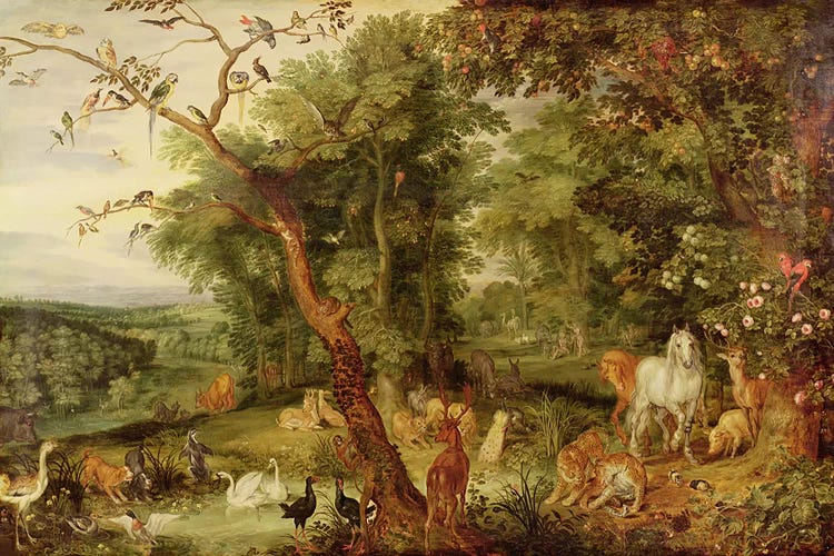 The Garden of Eden; in the background The Temptation  by Jan Brueghel the Elder wall art