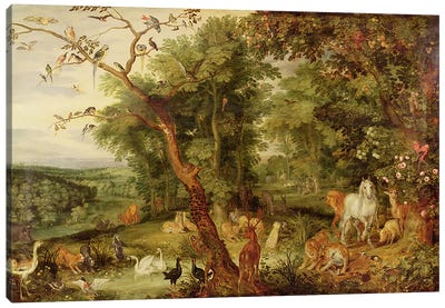 The Garden of Eden; in the background The Temptation  Canvas Art Print