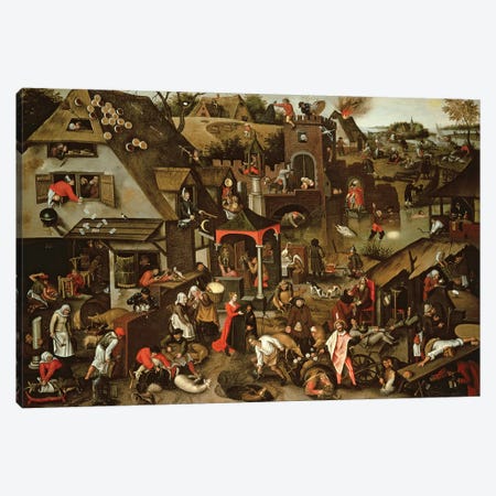 Netherlandish Proverbs illustrated in a village landscape Canvas Print #BMN4458} by Pieter Brueghel the Younger Art Print