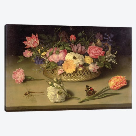 A still life of flowers, a dragonfly and a red admiral, 1614 Canvas Print #BMN4501} by Ambrosius the Elder Bosschaert Canvas Print