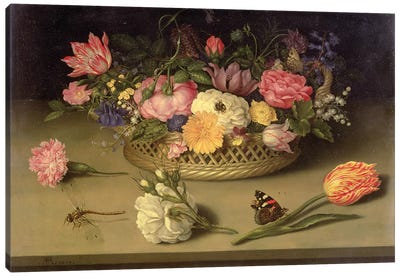 A still life of flowers, a dragonfly and a red admiral, 1614 Canvas Art Print