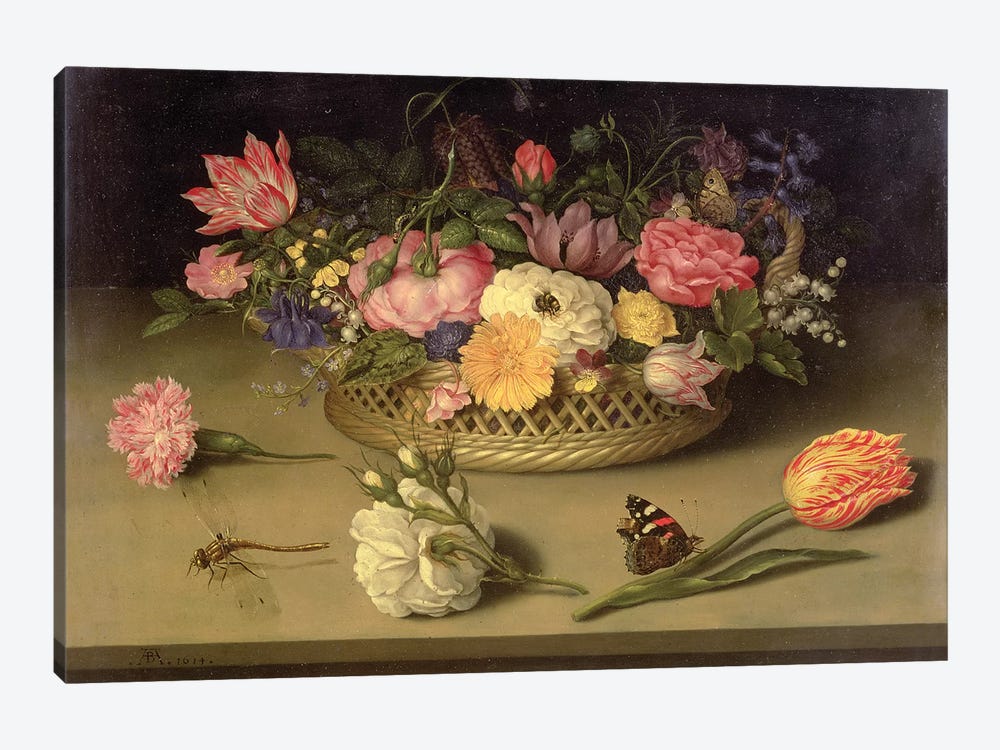 A still life of flowers, a dragonfly and a red admiral, 1614 by Ambrosius the Elder Bosschaert 1-piece Canvas Artwork