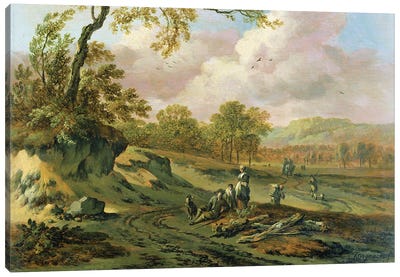 A Wooded River Landscape with Peasants on a Path Canvas Art Print