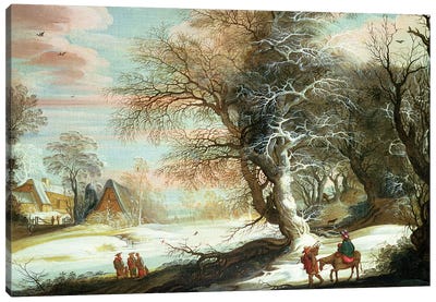 Wooded winter landscape with Flight into Egypt Canvas Art Print